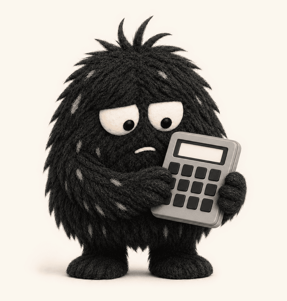 Riff, a shaggy dark creature, holding a calculator.